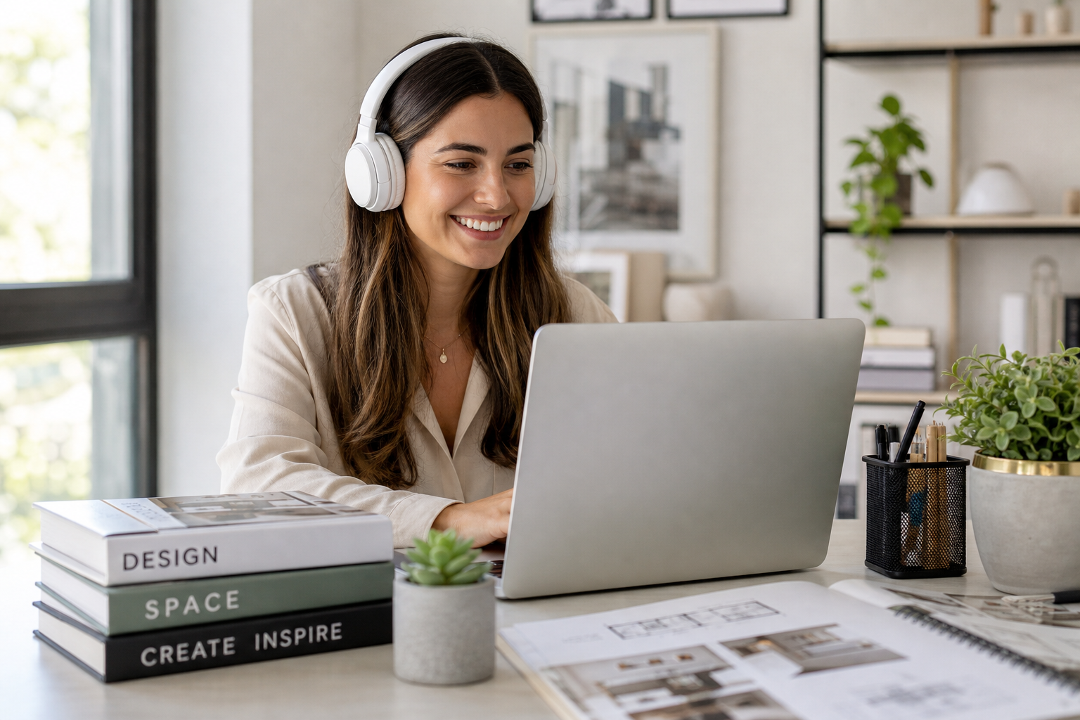 Student learning online interior design