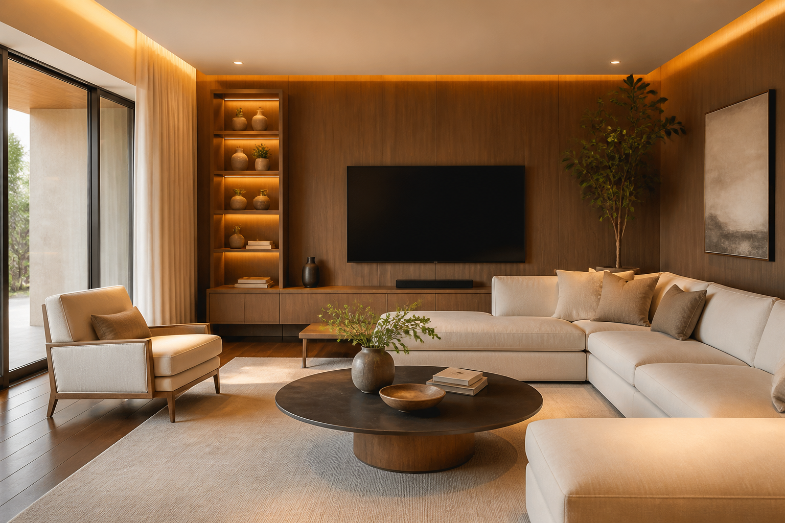Modern interior living room with wood paneling